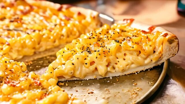 Video of delicious creamy Mac and Cheese pizza. Traditional American cuisine dish
