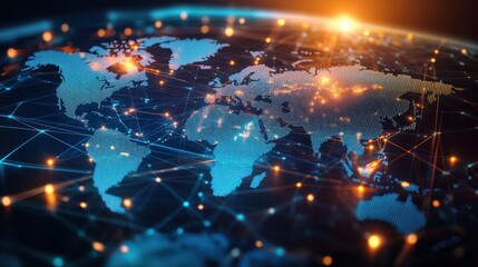 Fototapeta premium Abstract world map concept - global business network and connections, international data transfer and cyber technology.