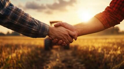 agribusiness handshake business deal agreement between businessman and farmer, purchase sell tractor farm machinery equipment, partnership cooperation collaboration in agriculture business.