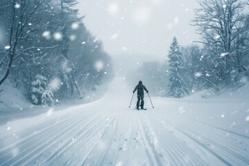 A person gliding down a snow-covered slope on skis, surrounded by winter scenery