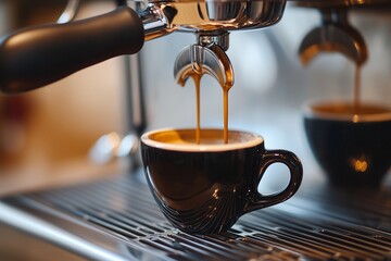 Close-up of Americano pouring from the coffee machine into a cup. Professional coffee brewing black coffee .