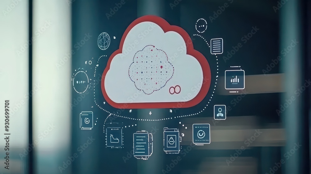 Poster illustration of cloud computing concepts with icons representing data management and analytics in a 