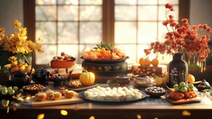 Chuseok - Korean traditional holiday. Koreans usually travel to their homeland to meet with relatives. autumn, thanksgiving day, holiday, gifts, traditional food.