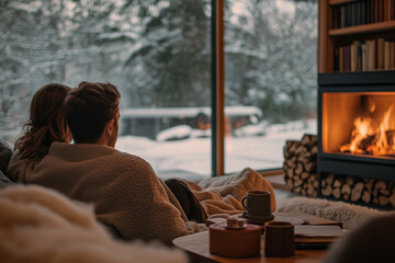 A couple cozily wrapped in blankets sits on a sofa, enjoying the warmth of a fireplace while gazing out at a snowy winter landscape through large windows.