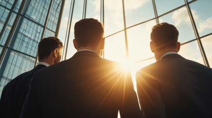 Three businessmen admire the sunrise through large office windows, symbolizing new opportunities and fresh beginnings.