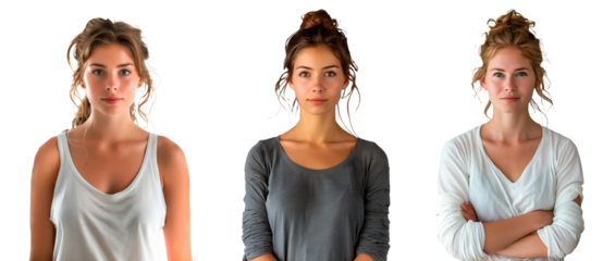 A set of woman dancer isolated on white or transparent background. Woman in whiteand gray clothes of American appearance close-up looking at camera.