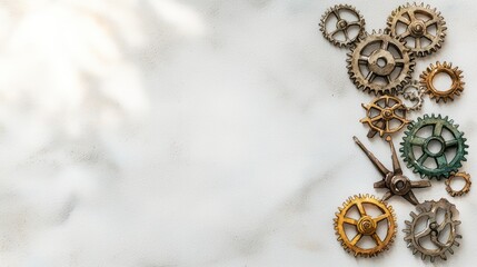 Fototapeta premium Vintage gears and cogs on a marble surface, perfect for illustrating mechanics, engineering, or antique themes.