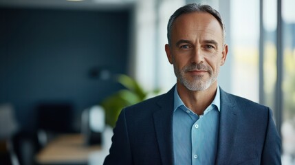 Fototapeta premium mature 50 year old confident professional manager, confident businessman investor looking at camera, smiling mid aged older business man executive standing in office, portrait