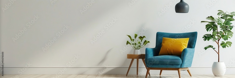 Canvas Prints Blue armchair accompanied by a mustard pillow against a white wall in a living area.