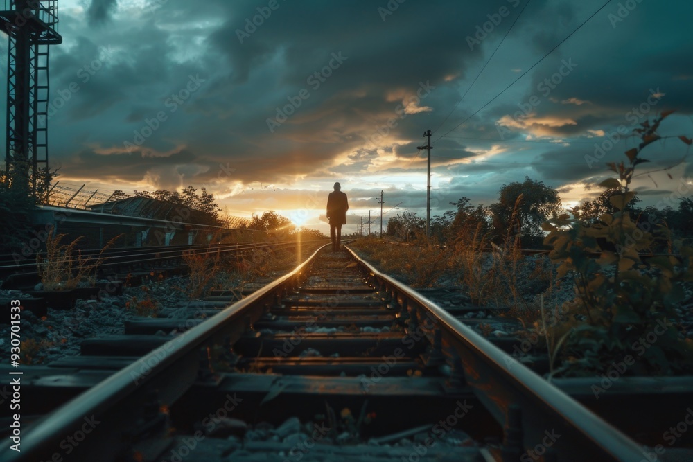 Poster a person stands on the edge of a railroad track as the sun sets in the background, casting a warm gl