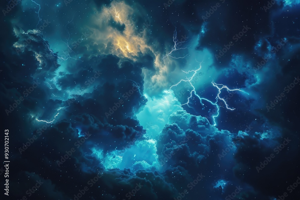 Poster a cloudy sky with lightning bolts illuminating the dark clouds, perfect for atmospheric backgrounds 