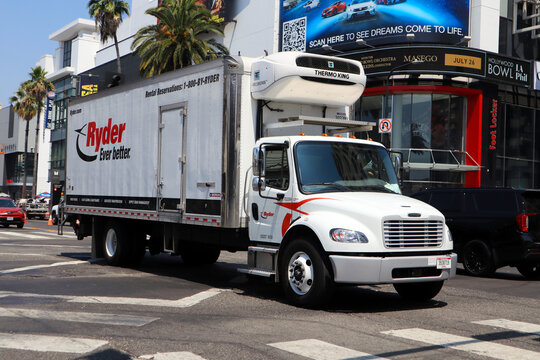 Hollywood (Los Angeles), California &ndash; July 9, 2024: RYDER Truck on Hollywood Boulevard Walk of Fame. Ryder is an American transportation and logistics company
