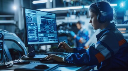 A mechanic analyzes diagnostic data on a computer while working on engine repairs in a busy automotive workshop. Generative AI