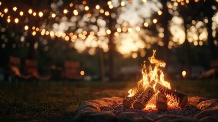 A fire is burning in a fire pit surrounded by chairs and a blanket. The fire is surrounded by a ring of rocks and the area is lit up by lights. Scene is warm and inviting