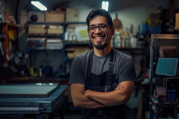 Obraz premium A man stands in a workshop with his arms crossed, indicating a sense of authority and possibly being the owner or manager of the space