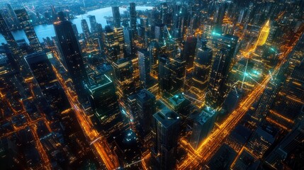 Aerial view cityscape at night with skyline and connectivity link of light grid concept of connection