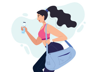 Healthy girl, flat vector illustration of healthy woman love to workout and take care of her body. Concept of exercise and eat well, strong and perfect shape. Cardio and weight training, yoga workout.