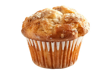 Walnut muffin or apple cinnamon cupcake topped with crunchy nuts pieces isolated on white transparent background