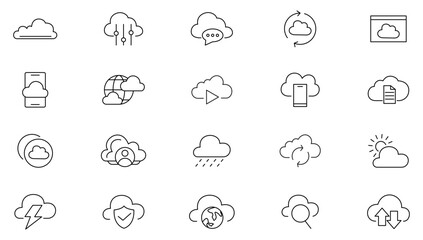 Cloud line icon collection. Cloud technology, data exchange, traffic, files, cloud, server, internet and database icon set. UI outline icons pack.