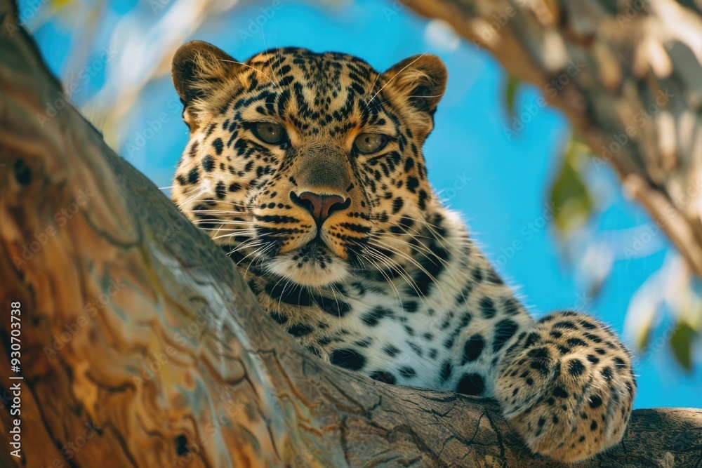 Poster a leopard sits in a tree, gazing directly at the camera