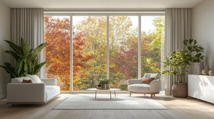 A living room with a large window overlooking a tree-lined street. The room is decorated with white furniture and a few potted plants