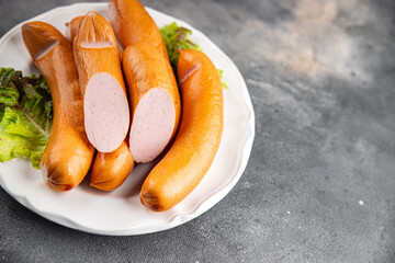 sausages meat pork or chicken, turkey fresh meal food snack on the table copy space food background rustic top view