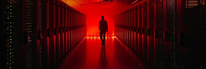 Solitary figure of a hacker in a darkened server room, emphasizing secrecy and clandestine nature