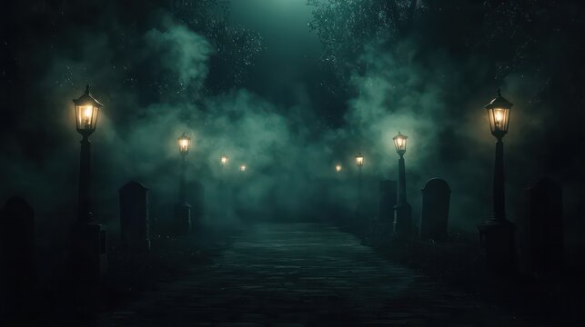 A dark, foggy cemetery with a path of lighted lamps leading to the graves. The atmosphere is eerie and mysterious