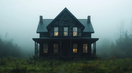 A creepy old house with a porch and a large window. The house is surrounded by a lush green field