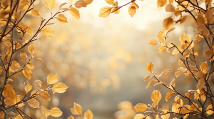 Fototapeta premium A delicate frame of golden autumn leaves and thin twigs, with a soft vignette effect to focus attention on the center