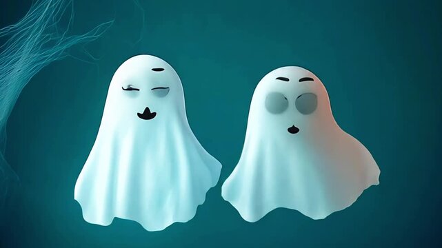 Two white ghosts are standing next to each other on a blue background