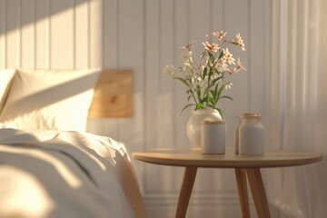 A small table with a beautiful vase of flowers, great for decorating or as a centerpiece