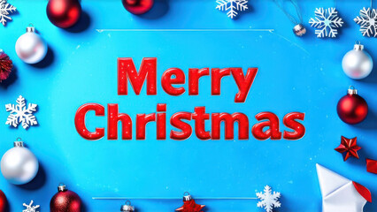 Naklejka premium Merry Christmas and Happy Holidays greeting card, frame, banner. New Year. Noel. White Christmas white and red ornaments on blue background top view. Winter holiday xmas theme. Flat lay