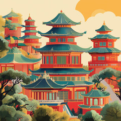 Obraz premium Scenic Illustration of Traditional Asian Pagodas in Sunset Landscape 