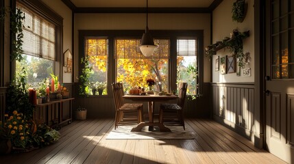 A large room with a wooden table and chairs, a vase of flowers, and a potted plant. The room is bright and inviting, with a warm and cozy atmosphere