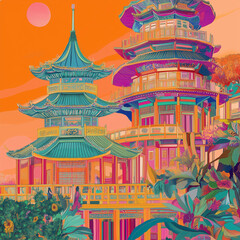 Vibrant Illustration of Asian Pagodas with Tropical Foliage and Bright Sky
