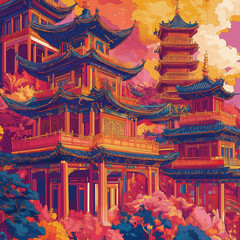 Obraz premium Vibrant Illustration of Asian Temples in Colorful Landscape 