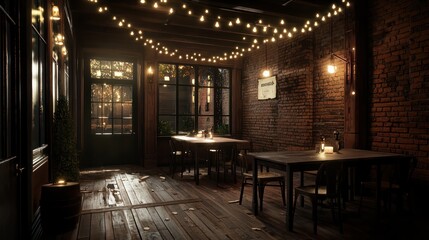 Fototapeta premium A dimly lit restaurant with a sign on the wall that says 