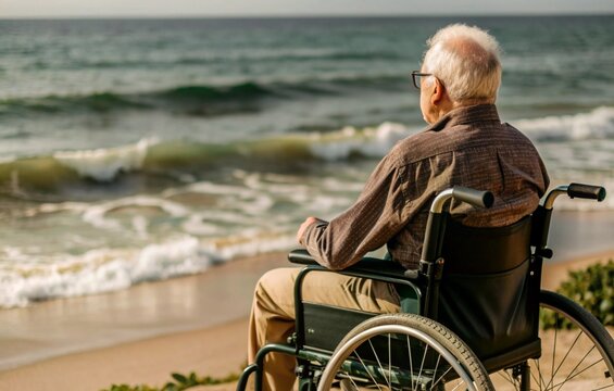 An elderly man in a wheelchair on the seashore. Rear view.International Day of Older Persons