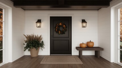A black door with a wreath on it is in front of a white house. The door is surrounded by a rug and a bench. There are two pumpkins on the bench. The scene is set in a hallway with a window