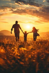 A father with his two young children enjoying a stroll in a green field during the golden hour
