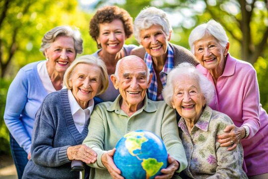 Group of happy seniors holding a globe in the garden on a sunny day.International Day of Older Persons.