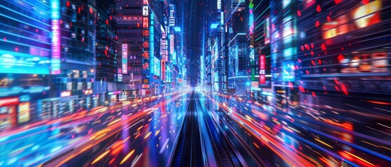 AI-generated 3D futuristic city with bright neon lights, showcasing a bustling and energetic urban