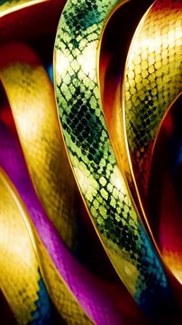 Аbstract background with snake Wavy moving background texture of festive streamers of different colors. Iridescent streamers smoothly move on a background of golden glitter.  