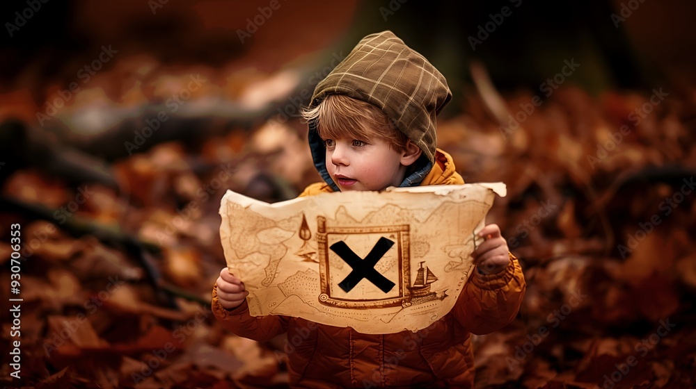 Wall mural Young boy holding map on exciting treasure hunt adventure, X marks the spot, fun kids activities