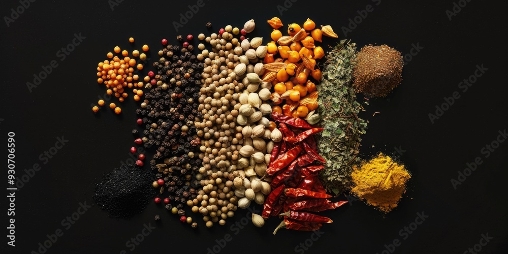 Poster Assorted spices arranged on a black surface for display or use in cooking