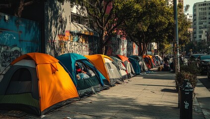 Urban Homelessness Tent Encampment on City Sidewalk - Social Issues, Poverty, Shelter Crisis