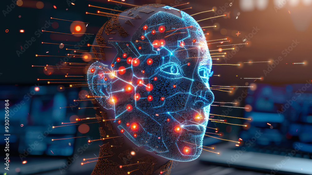 Poster artificial intelligence digital face with glowing neural networks and data connections in futuristic
