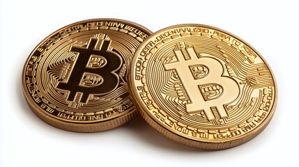 Two gold-colored Bitcoin coins representing cryptocurrency and digital finance.