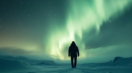 Fototapeta premium Silhouette of a person walking across a vast snowy landscape underneath the vibrant green glow of the aurora borealis.